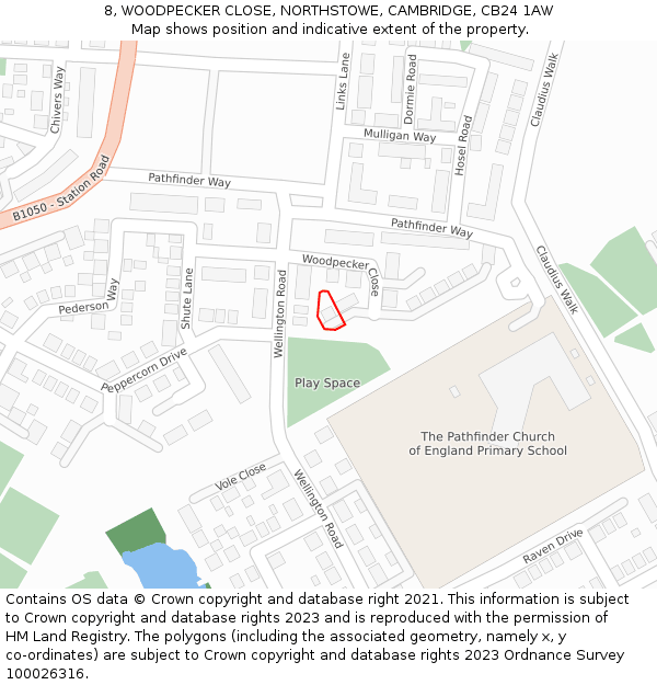 8, WOODPECKER CLOSE, NORTHSTOWE, CAMBRIDGE, CB24 1AW: Location map and indicative extent of plot