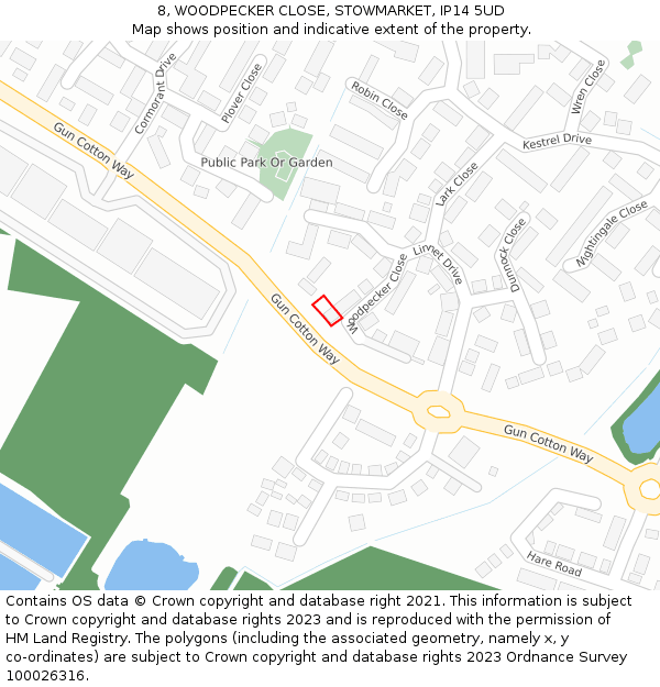 8, WOODPECKER CLOSE, STOWMARKET, IP14 5UD: Location map and indicative extent of plot