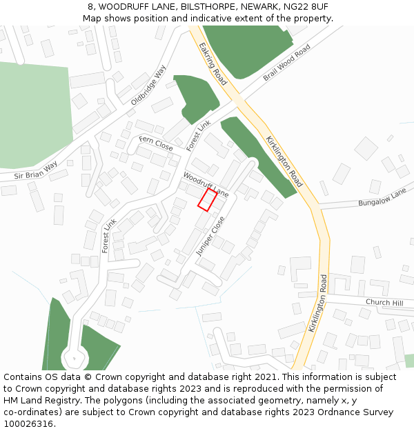 8, WOODRUFF LANE, BILSTHORPE, NEWARK, NG22 8UF: Location map and indicative extent of plot