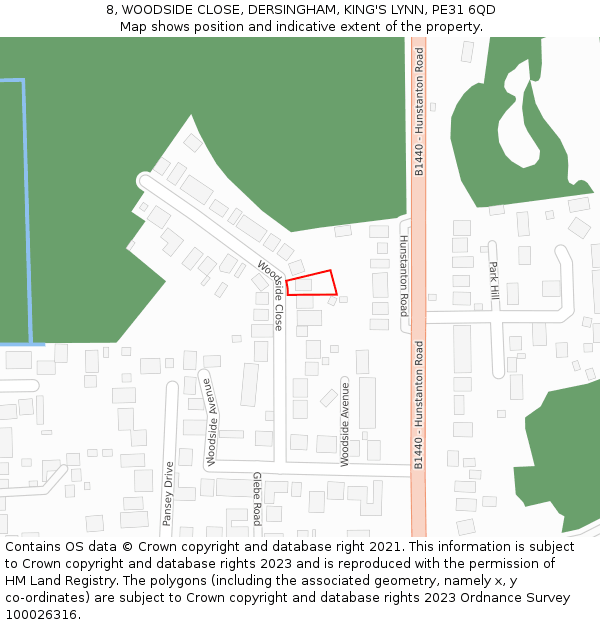 8, WOODSIDE CLOSE, DERSINGHAM, KING'S LYNN, PE31 6QD: Location map and indicative extent of plot