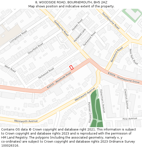 8, WOODSIDE ROAD, BOURNEMOUTH, BH5 2AZ: Location map and indicative extent of plot