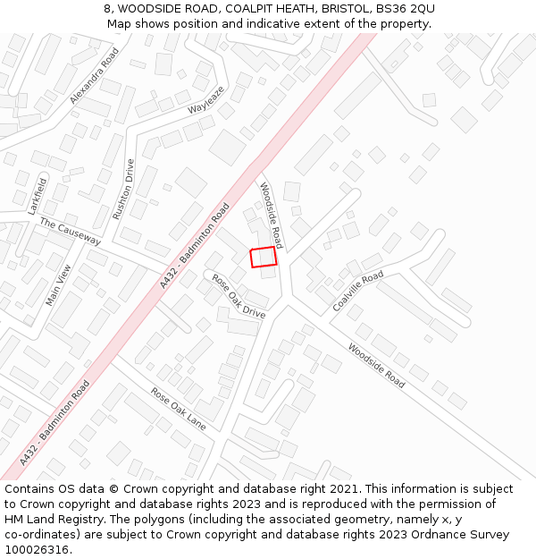 8, WOODSIDE ROAD, COALPIT HEATH, BRISTOL, BS36 2QU: Location map and indicative extent of plot