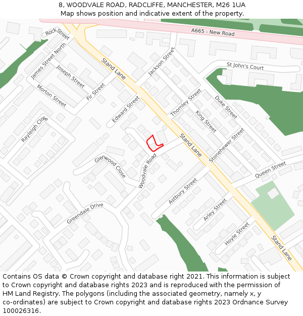 8, WOODVALE ROAD, RADCLIFFE, MANCHESTER, M26 1UA: Location map and indicative extent of plot