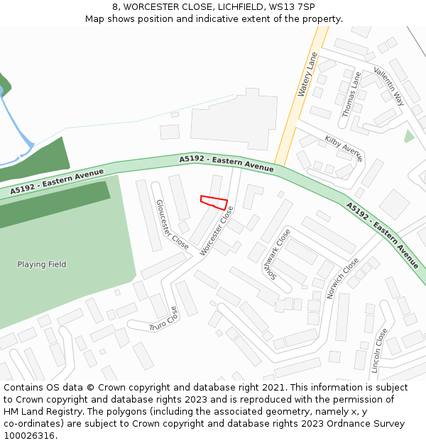 8, WORCESTER CLOSE, LICHFIELD, WS13 7SP: Location map and indicative extent of plot