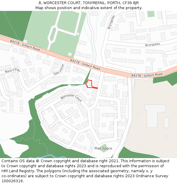 8, WORCESTER COURT, TONYREFAIL, PORTH, CF39 8JR: Location map and indicative extent of plot