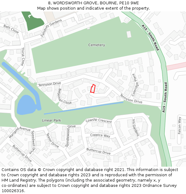 8, WORDSWORTH GROVE, BOURNE, PE10 9WE: Location map and indicative extent of plot