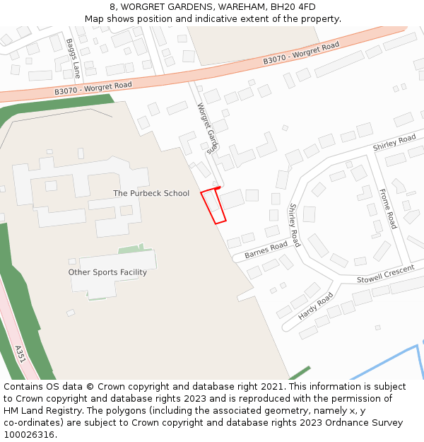 8, WORGRET GARDENS, WAREHAM, BH20 4FD: Location map and indicative extent of plot