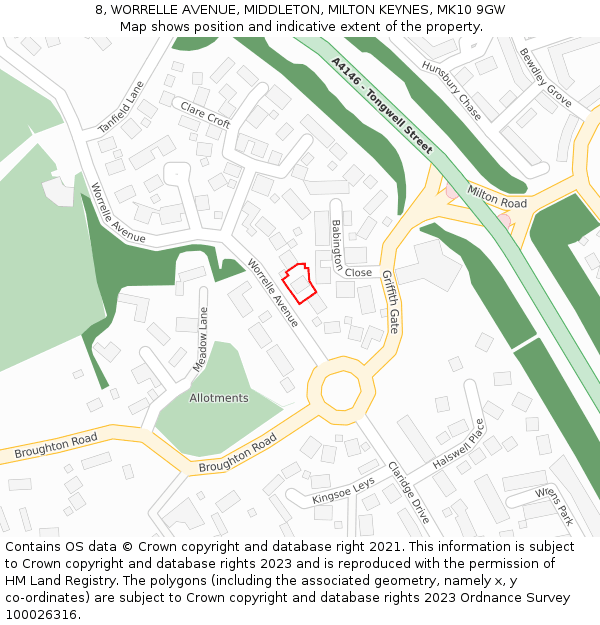 8, WORRELLE AVENUE, MIDDLETON, MILTON KEYNES, MK10 9GW: Location map and indicative extent of plot