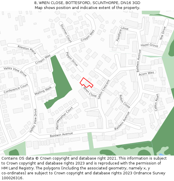 8, WREN CLOSE, BOTTESFORD, SCUNTHORPE, DN16 3GD: Location map and indicative extent of plot