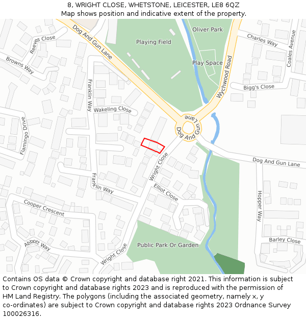 8, WRIGHT CLOSE, WHETSTONE, LEICESTER, LE8 6QZ: Location map and indicative extent of plot