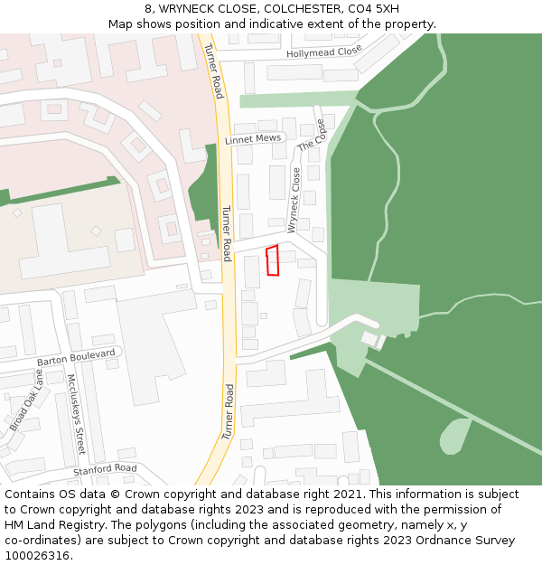 8, WRYNECK CLOSE, COLCHESTER, CO4 5XH: Location map and indicative extent of plot