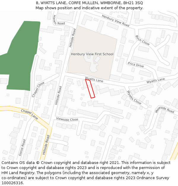 8, WYATTS LANE, CORFE MULLEN, WIMBORNE, BH21 3SQ: Location map and indicative extent of plot