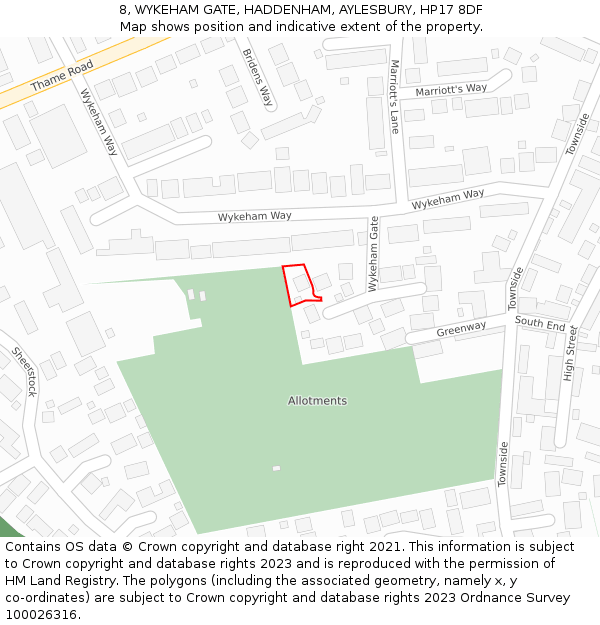 8, WYKEHAM GATE, HADDENHAM, AYLESBURY, HP17 8DF: Location map and indicative extent of plot