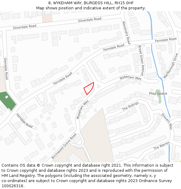 8, WYKEHAM WAY, BURGESS HILL, RH15 0HF: Location map and indicative extent of plot