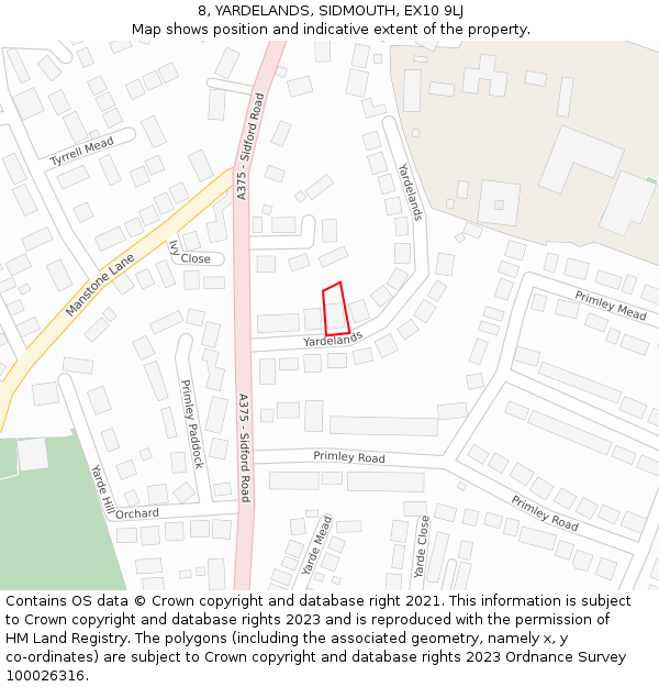 8, YARDELANDS, SIDMOUTH, EX10 9LJ: Location map and indicative extent of plot