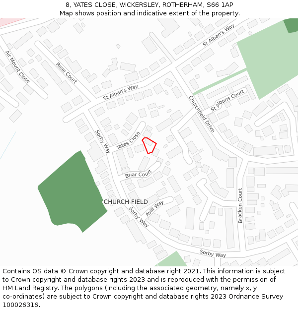 8, YATES CLOSE, WICKERSLEY, ROTHERHAM, S66 1AP: Location map and indicative extent of plot