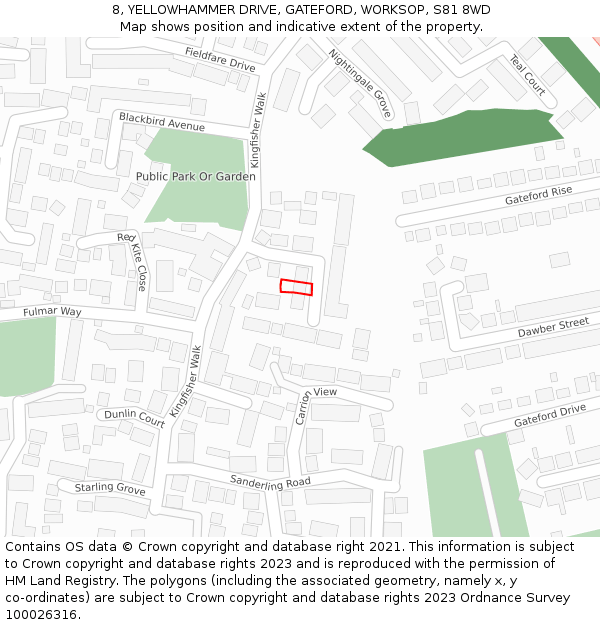 8, YELLOWHAMMER DRIVE, GATEFORD, WORKSOP, S81 8WD: Location map and indicative extent of plot