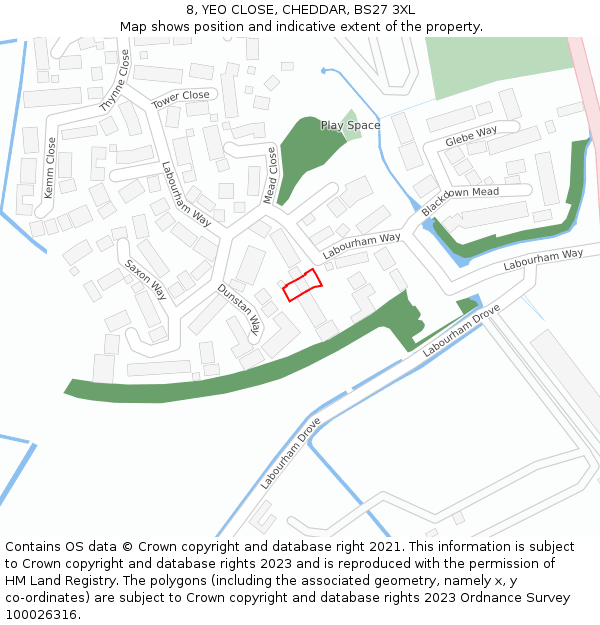 8, YEO CLOSE, CHEDDAR, BS27 3XL: Location map and indicative extent of plot
