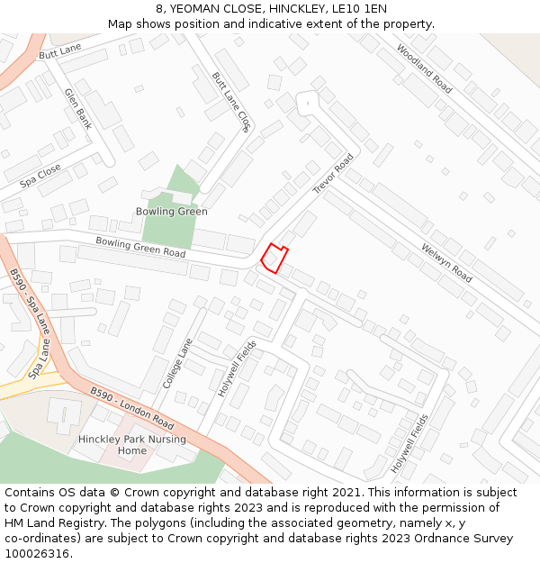 8, YEOMAN CLOSE, HINCKLEY, LE10 1EN: Location map and indicative extent of plot