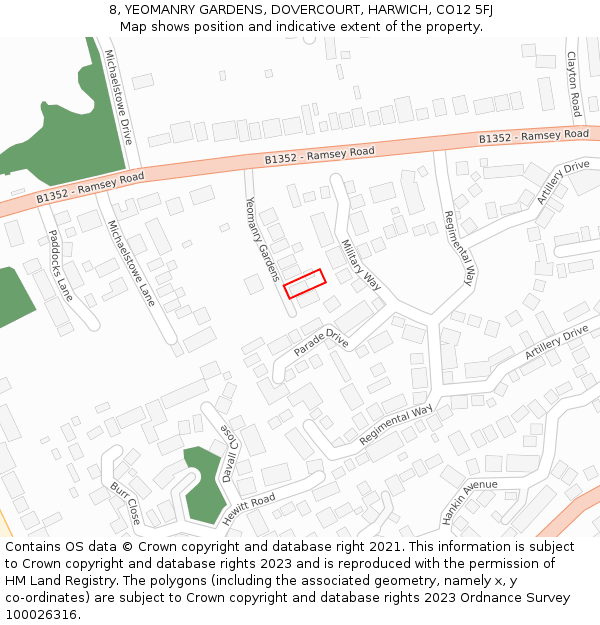 8, YEOMANRY GARDENS, DOVERCOURT, HARWICH, CO12 5FJ: Location map and indicative extent of plot