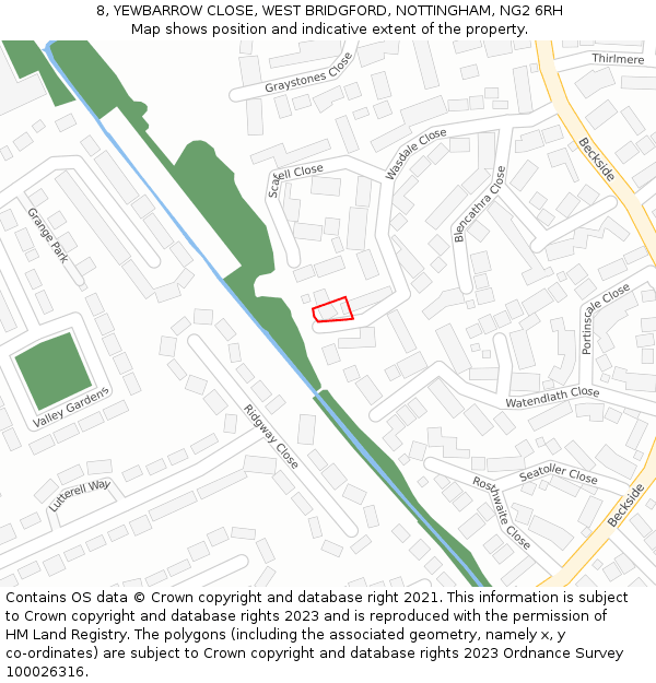 8, YEWBARROW CLOSE, WEST BRIDGFORD, NOTTINGHAM, NG2 6RH: Location map and indicative extent of plot