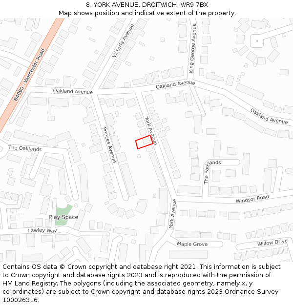 8, YORK AVENUE, DROITWICH, WR9 7BX: Location map and indicative extent of plot