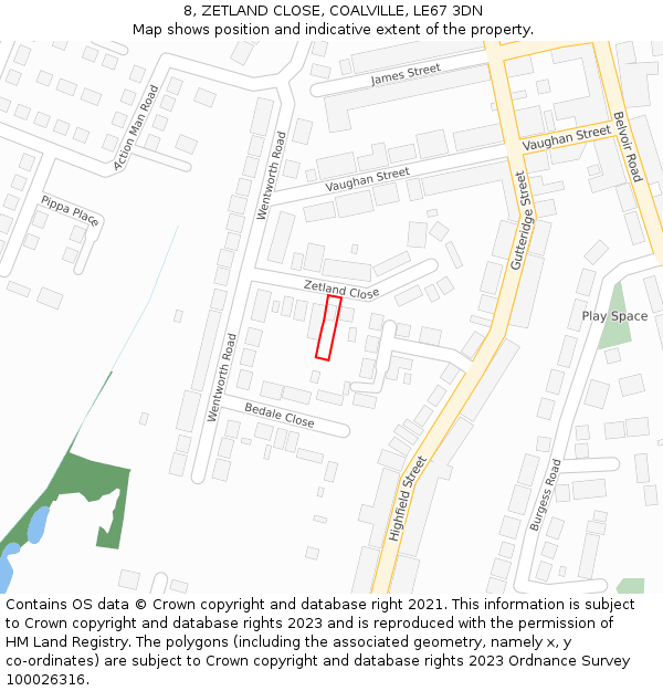8, ZETLAND CLOSE, COALVILLE, LE67 3DN: Location map and indicative extent of plot