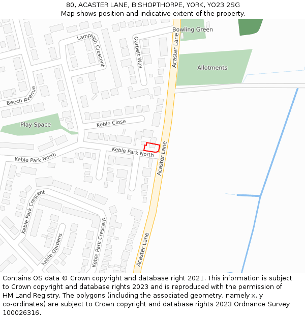 80, ACASTER LANE, BISHOPTHORPE, YORK, YO23 2SG: Location map and indicative extent of plot