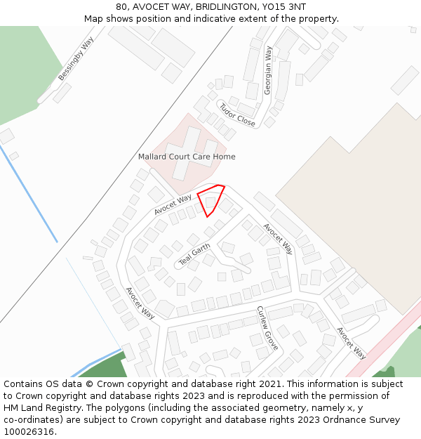 80, AVOCET WAY, BRIDLINGTON, YO15 3NT: Location map and indicative extent of plot