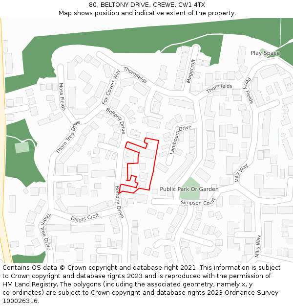 80, BELTONY DRIVE, CREWE, CW1 4TX: Location map and indicative extent of plot