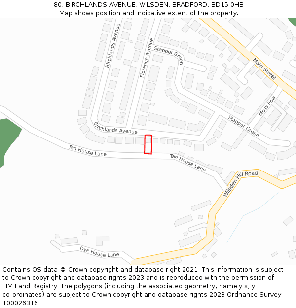 80, BIRCHLANDS AVENUE, WILSDEN, BRADFORD, BD15 0HB: Location map and indicative extent of plot