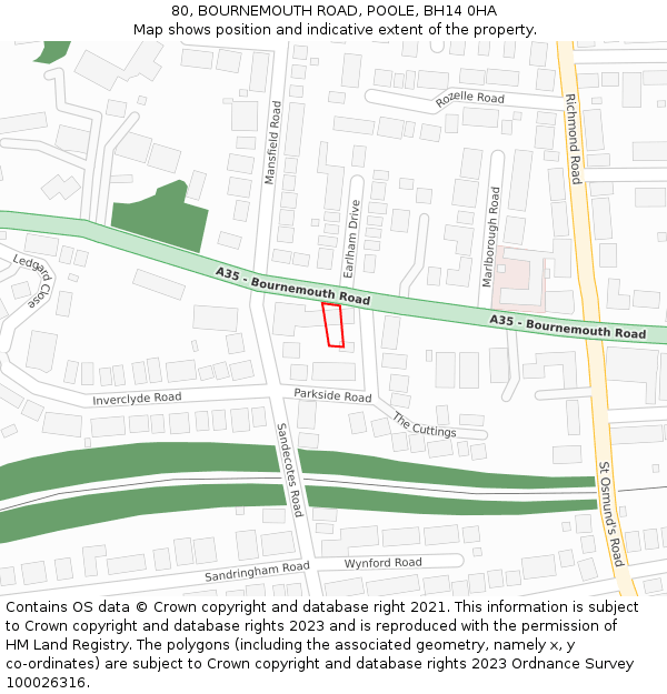 80, BOURNEMOUTH ROAD, POOLE, BH14 0HA: Location map and indicative extent of plot