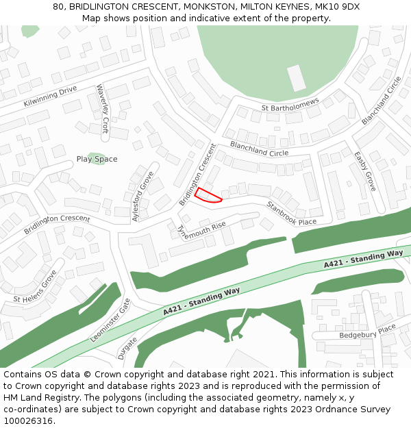 80, BRIDLINGTON CRESCENT, MONKSTON, MILTON KEYNES, MK10 9DX: Location map and indicative extent of plot