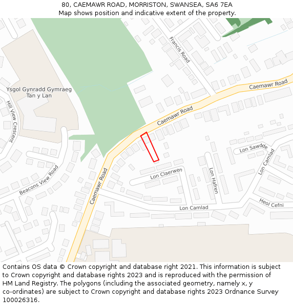 80, CAEMAWR ROAD, MORRISTON, SWANSEA, SA6 7EA: Location map and indicative extent of plot