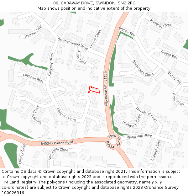 80, CARAWAY DRIVE, SWINDON, SN2 2RG: Location map and indicative extent of plot