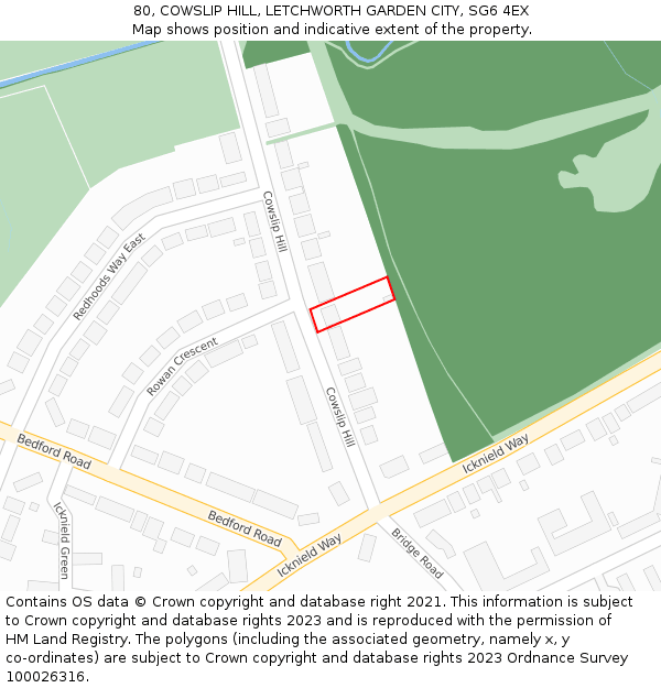 80, COWSLIP HILL, LETCHWORTH GARDEN CITY, SG6 4EX: Location map and indicative extent of plot