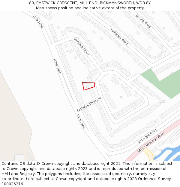 80, EASTWICK CRESCENT, MILL END, RICKMANSWORTH, WD3 8YJ: Location map and indicative extent of plot