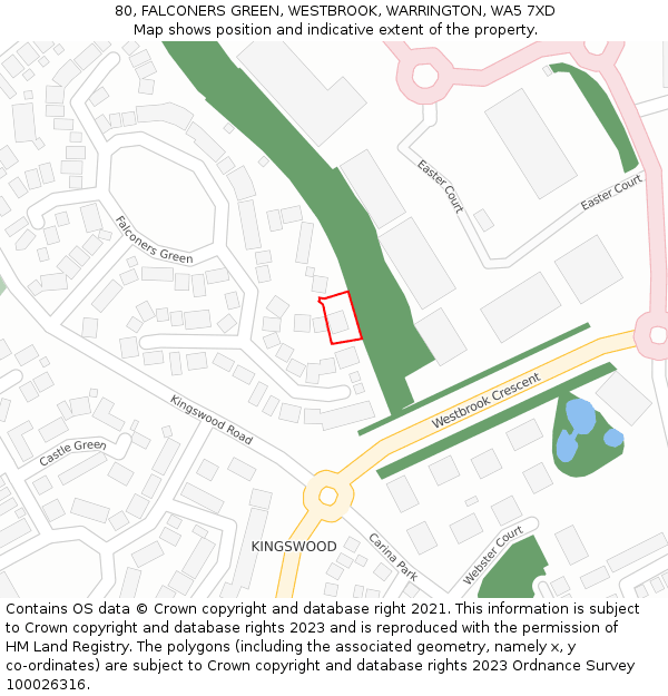 80, FALCONERS GREEN, WESTBROOK, WARRINGTON, WA5 7XD: Location map and indicative extent of plot