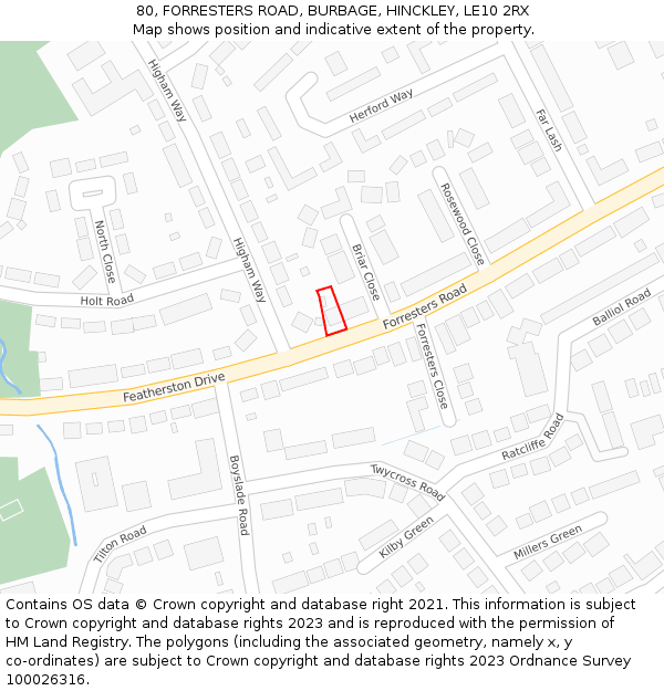 80, FORRESTERS ROAD, BURBAGE, HINCKLEY, LE10 2RX: Location map and indicative extent of plot