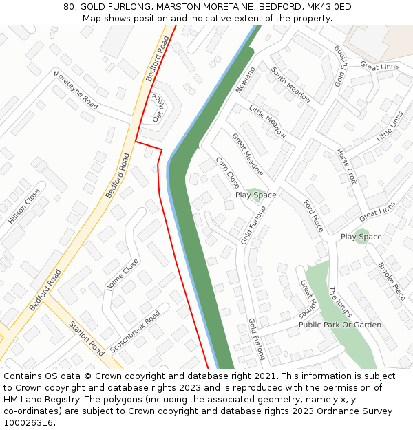 80, GOLD FURLONG, MARSTON MORETAINE, BEDFORD, MK43 0ED: Location map and indicative extent of plot