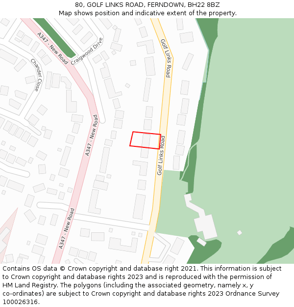 80, GOLF LINKS ROAD, FERNDOWN, BH22 8BZ: Location map and indicative extent of plot