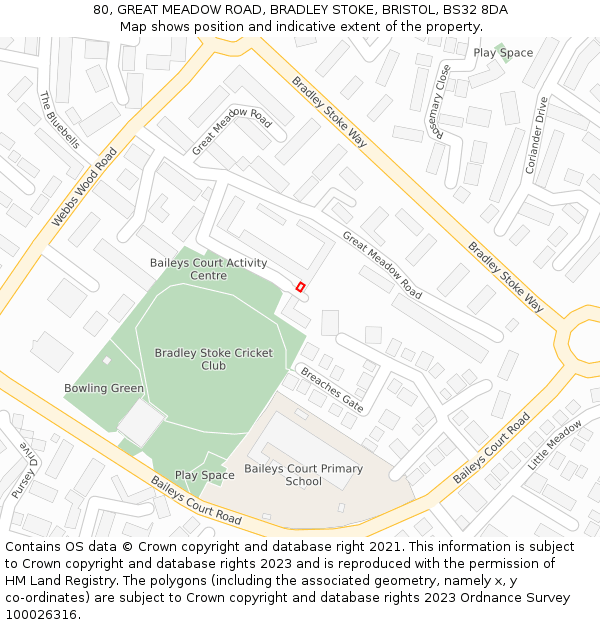 80, GREAT MEADOW ROAD, BRADLEY STOKE, BRISTOL, BS32 8DA: Location map and indicative extent of plot