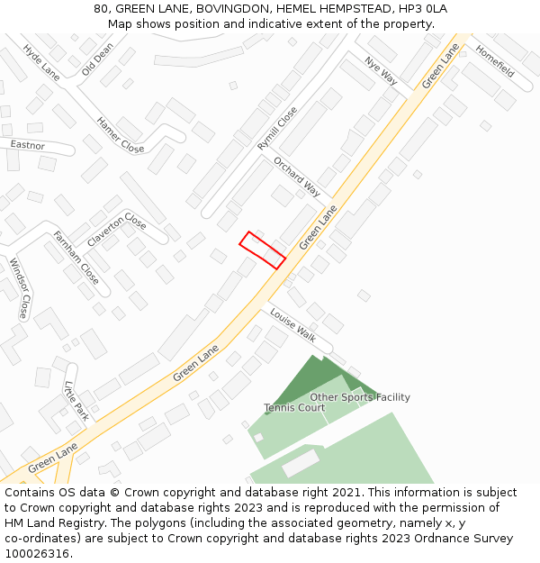 80, GREEN LANE, BOVINGDON, HEMEL HEMPSTEAD, HP3 0LA: Location map and indicative extent of plot