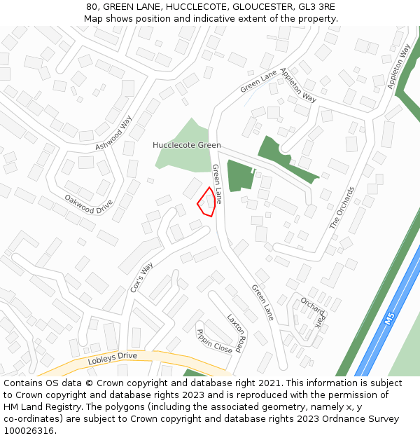 80, GREEN LANE, HUCCLECOTE, GLOUCESTER, GL3 3RE: Location map and indicative extent of plot