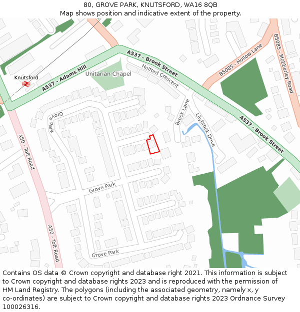 80, GROVE PARK, KNUTSFORD, WA16 8QB: Location map and indicative extent of plot