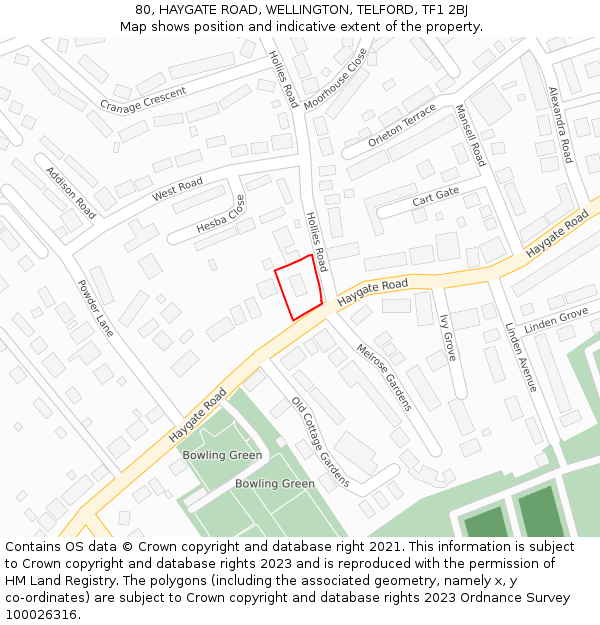 80, HAYGATE ROAD, WELLINGTON, TELFORD, TF1 2BJ: Location map and indicative extent of plot