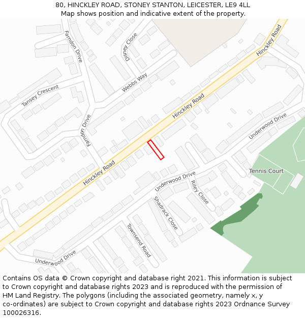 80, HINCKLEY ROAD, STONEY STANTON, LEICESTER, LE9 4LL: Location map and indicative extent of plot