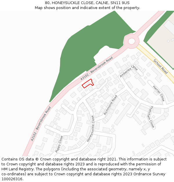 80, HONEYSUCKLE CLOSE, CALNE, SN11 9US: Location map and indicative extent of plot