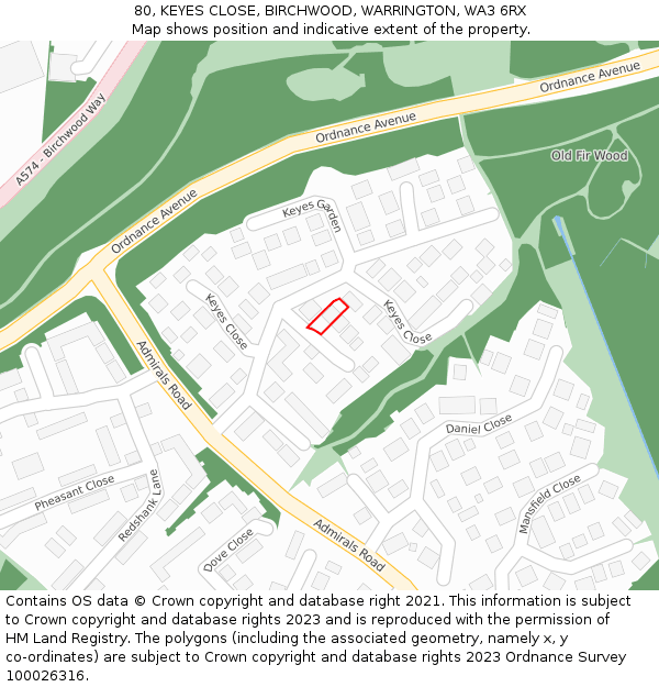 80, KEYES CLOSE, BIRCHWOOD, WARRINGTON, WA3 6RX: Location map and indicative extent of plot