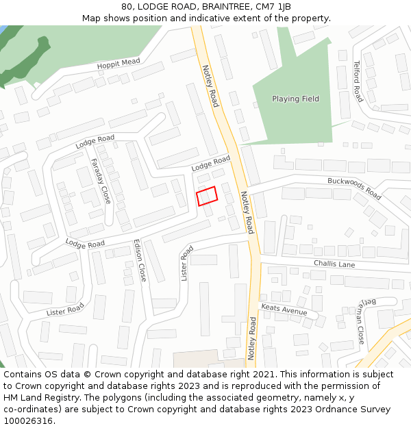 80, LODGE ROAD, BRAINTREE, CM7 1JB: Location map and indicative extent of plot